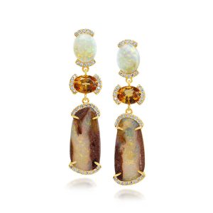 18K Yellow Gold Boulder Opal/Australian Opal/Mandarin Garnet/Diamond Earrings