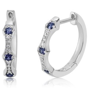 14K White Gold Yogo Sapphire/Diamond Hoop Earrings