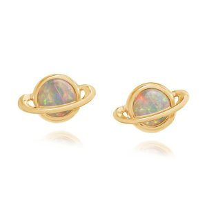 14K Yellow Gold Australian Opal Saturn Earrings