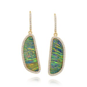 14K Yellow Gold Australian Opal Doublet/Diamond Earrings