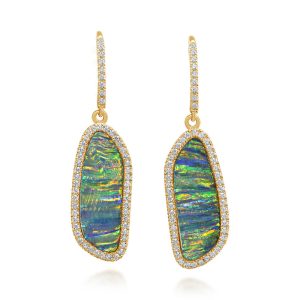 14K Yellow Gold Australian Opal Doublet/Diamond Earrings