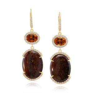 18K Yellow Gold Australian Boulder Opal/Mandarin Garnet/Diamond Earrings