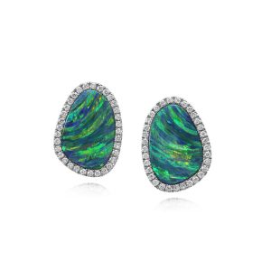 14K White Gold Australian Opal Doublet/Diamond Earrings