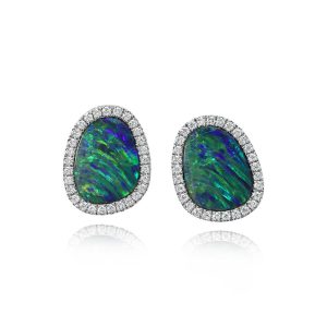 14K White Gold Australian Opal Doublet/Diamond Earrings