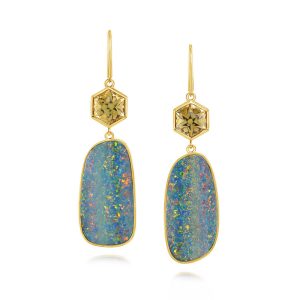 18K Yellow Gold Australian Opal Doublet/Citrine Earrings ,