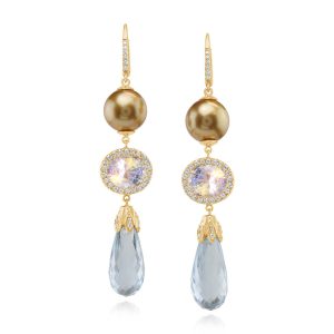 18K Yellow Gold Aquamarine/Rainbow Moonstone/Golden South Sea Pearl/Diamond Earrings