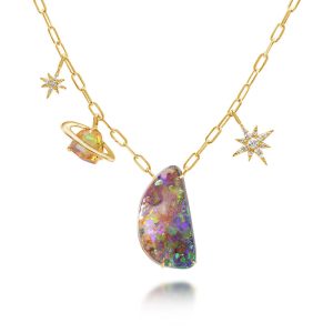 14K Yellow Gold Australian Boulder Opal/Fire Opal/Diamond Neckpiece