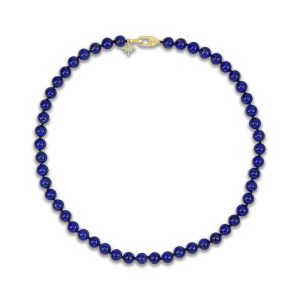 14K Yellow Gold 18" 8mm Round Lapis Lazuli/Diamond Bead Neckpiece