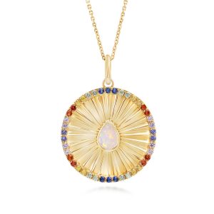14K Yellow Gold Australian Opal/Rainbow Sapphire Medallion Pendant  ,