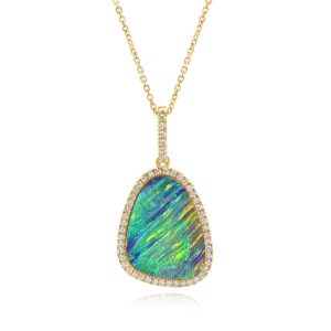 14K Yellow Gold Australian Opal Doublet/Diamond Pendant