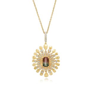 14K Yellow Gold Watermelon Tourmaline/Diamond Pendant