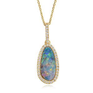 14K Yellow Gold Australian Opal Doublet/Diamond Pendant
