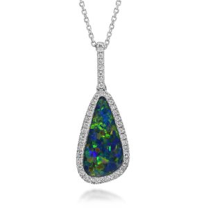 14K White Gold Australian Opal Doublet/Diamond Pendant
