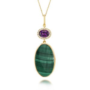 14K Yellow Gold Malachite/Purple Garnet/Diamond Pendant
