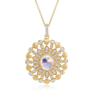 18K Yellow Gold Rainbow Moonstone/Diamond Pendant