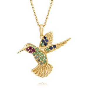 14K Yellow Gold Ruby/Tsavorite/Blue White Sapphire Hummingbird Reversible Pendant (22x25.5)