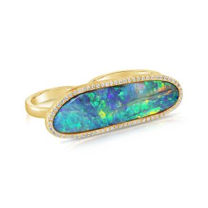 18K Yellow Gold Australian Boulder Opal/Diamond Two Finger Ring