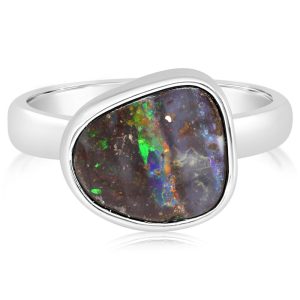 Sterling Silver Australian Boulder Opal Smooth Shank Ring