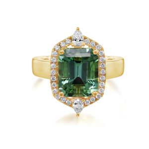 18K Yellow Gold Blue Green Tourmaline/Diamond Ring