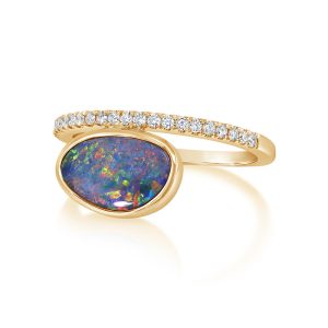 14K Yellow Gold Australian Opal Doublet/Diamond Ring