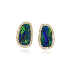 14K Yellow Gold Australian Opal Doublet/Diamond Earrings