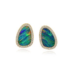 14K Yellow Gold Australian Opal Doublet/Diamond Earrings
