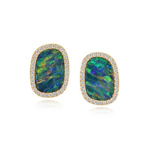 14K Yellow Gold Australian Opal Doublet/Diamond Earrings