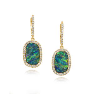 14K Yellow Gold Australian Opal Doublet/Diamond Earrings