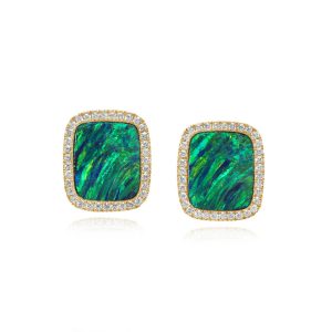 14K Yellow Gold Australian Opal Doublet/Diamond Earrings