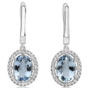 Platinum 9x7mm Oval Aqua/Diamond Earrings