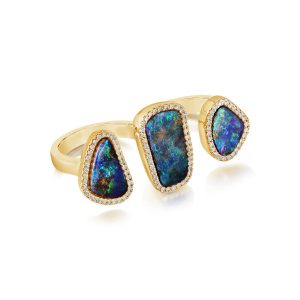 14K Yellow Gold Australian Boulder Opal/Diamond 3 Stone-2 Finger Ring
