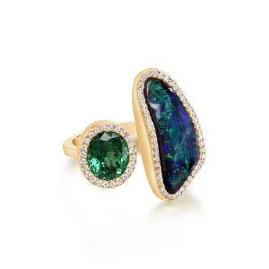 18K Yellow Gold Australian Boulder Opal/Tsavorite/Diamond Ring Cuff