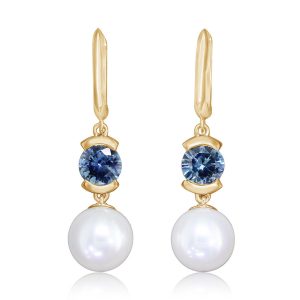 14K Yellow Gold White Freshwater Cultured Pearl/Montana Sapphire Earrings