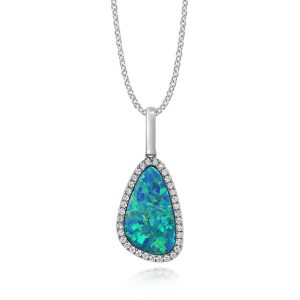 14K White Gold Australian Opal Doublet/Diamond Pendant