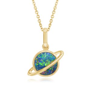 14K Yellow Gold 8mm Australian Opal Doublet Saturn Pendant
