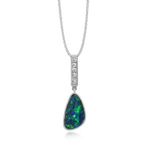 14K White Gold Australian Opal Doublet/Diamond Pendant