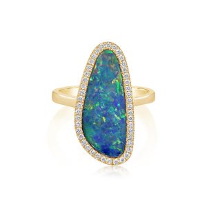 14K Yellow Gold Australian Opal Doublet/Diamond Ring