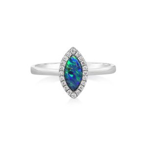 14K White Gold Australian Opal Doublet/Diamond Ring