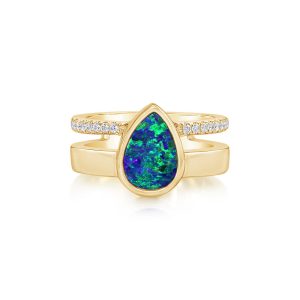 14K Yellow Gold Australian Opal Doublet/Diamond Cigar Band Ring
