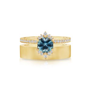 18K Yellow Gold Hexagon Montana Sapphire/Diamond Cigar Band Ring