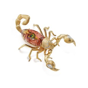 14K Yellow Gold Mexican Fire Opal/Diamond Scorpion Brooch