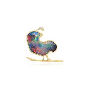 18K Yellow Gold Australian Black Opal Quail Bird Brooch/Lapel Pin