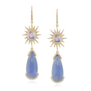 18K Yellow Gold Blue Chalcedony/Rainbow Moonstone/Diamond Earrings