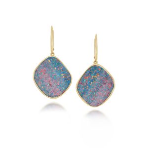 14K Yellow Gold Australian Opal Doublet Plain Bezel Leverback Earrings