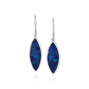 14K White Gold Australian Opal Doublet Plain Bezel Leverback Earrings