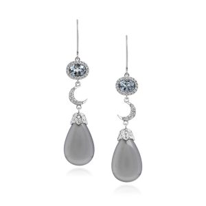 18K White Gold Gray Moonstone/Gray Spinel/Diamond Moon Earrings