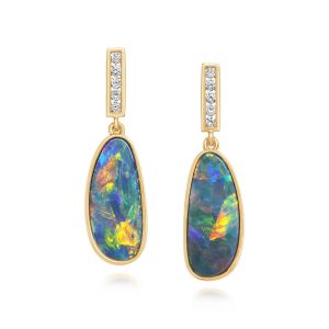 14K Yellow Gold Australian Opal Doublet/Diamond Earrings