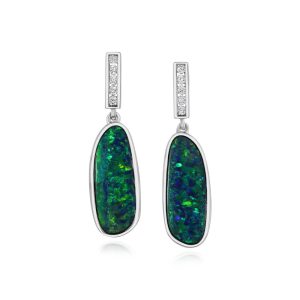 14K White Gold Australian Opal Doublet/Diamond Earrings