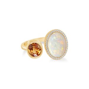 18K Yellow Gold Australian Opal/Mandarin Garnet/Diamond Ring