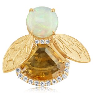 14K Yellow Gold Orange Montana Sapphire/Australian Opal/Diamond Pin